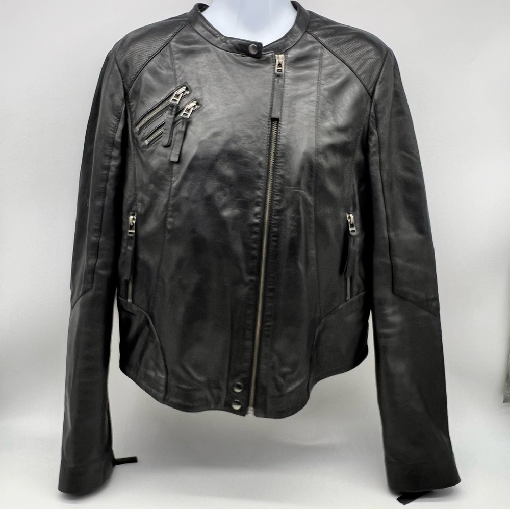 NAF NAF Women’s Black Lambskin Leather Moto Jacket Asymmetrical Zipper- Size 40
